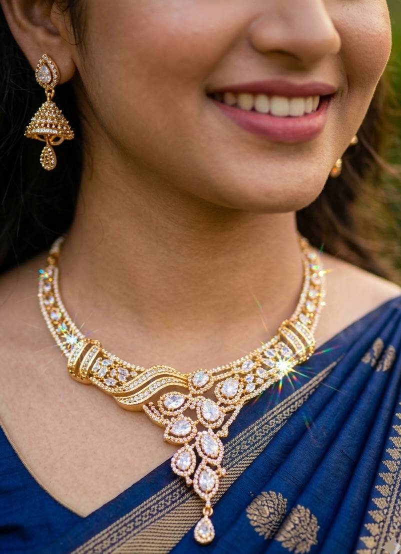 Premium American diamonds Gold Plated  Jewellery Set - Necklace, Earrings